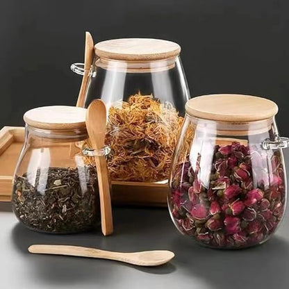 Airtight glass jar storage container with bamboo lid Set of 2, wide mouth, leak-proof, With a spoon, can be used for coffee beans, tea leaves, grains, dried fruits, etc (Middle) - color: Middle