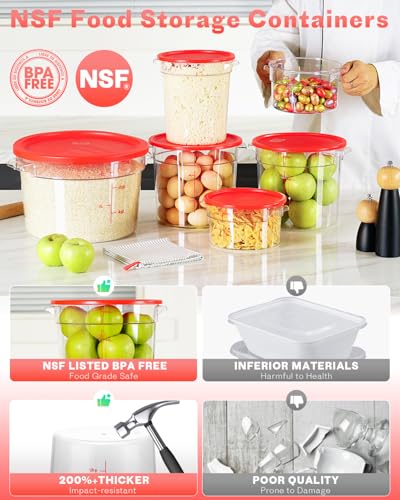 6QT NSF Round Food Storage Containers with Lids: 4 PCS [Total Food Grade][Hot&Cold Resistant] Dough Proofing Container for Pizza, Bread with Measuring Spoons Included(BPA FREE) (RED) - color: K5-6QT-4PCS-ROUND-RED