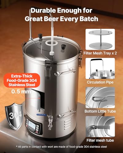 VEVOR Electric Brewing System, 9.2 Gal/35 L Brewing Pot, All-in-One Home Beer Brewer w/Pump, Mash Boil Device w/Panel, Auto/Manual Mode 100-1800W Power 25-100℃ Temp 1-180 min Timer Recipe Memory - size: 9.2 Gal