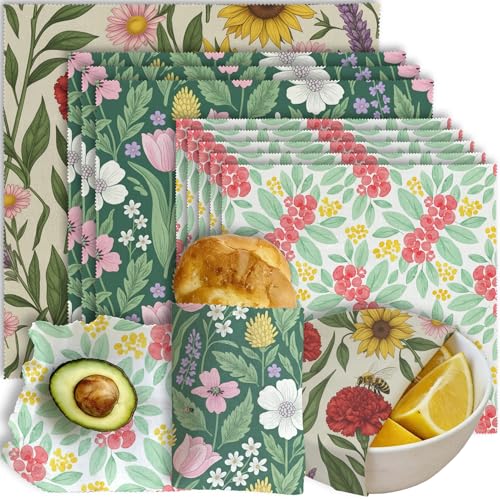 Reusable Beeswax Wraps, Garden Flowers Wraps, 9 Pack Eco-Friendly Food Storage, Organic, Sustainable, Zero Waste, Plastic-Free, Sandwich, Bowl, Bread, Fruit, 1XL, 3M, 5S - color: Green Floral1