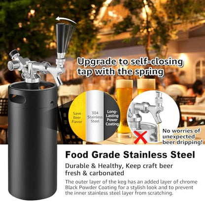 Ferroday 128Oz Mini Keg Growler Tap System, Homebrew Mini Beer Growler, Stainless Steel Draft Beer Dispenser With Faucet&Co2 Regulator, Portable Beer Tap System Keep Beer Fresh And Carbonation - color: Black
