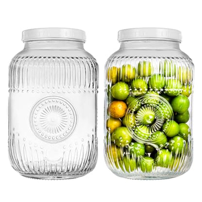 Amzcku 2 Pack 1 Gallon Glass Jar with Lid Wide Mouth, 128 OZ Large Mason Jar with Airtight Screw Lid and Handle, Glass storage containers, Cookie, Candy, Kombucha and fermention