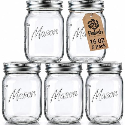 Paksh Novelty Mason Jars with Lids & Sealer - 5 Pack 16 Oz Regular Mouth Glass Canning Jars - Food Storage Container - Airtight Container for Pickling, Candles, Overnight Oats, Fruit Preserves - color: 16 Oz - 5 Pack - Regular
