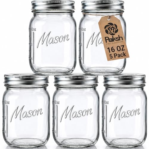 Paksh Novelty Mason Jars with Lids & Sealer - 5 Pack 16 Oz Regular Mouth Glass Canning Jars - Food Storage Container - Airtight Container for Pickling, Candles, Overnight Oats, Fruit Preserves - color: 16 Oz - 5 Pack - Regular