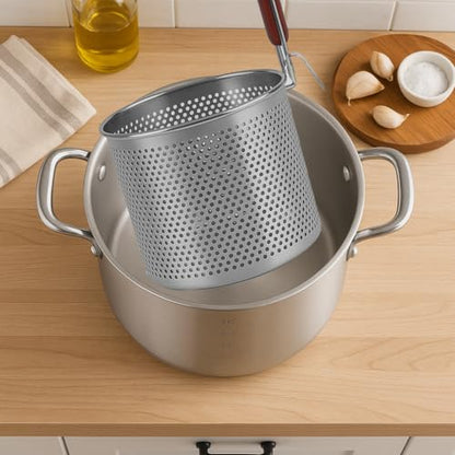 Mesh Pasta Basket Food Strainer Insert For Pot, Colander with Round Wooden Handle Stainless Steel Mesh Spider Strainer for Pasta Noodles Dumpling Vegetable - size: 7inches（diameter）