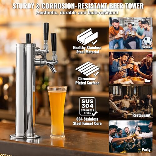 VEVOR Triple Taps Draft Beer Tower Dispenser, Stainless Steel Keg Beer Tower, Kegerator Tower Kit with Pre-Assembled Tubing and Self-Closing Faucet Shanks for Party, Bar, Pub, Restaurant - style: Triple Faucets