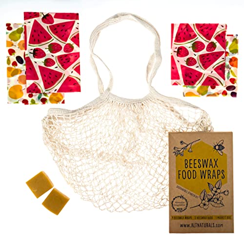 7 Pc Beeswax Wraps for Food Snacks, Sandwich, Bread - Reusable Eco Friendly Kitchen Storage and Zero Waste - 4 Wraps, 2 Beeswax Bars and Cotton Mesh Market Bag - Alternative Imagination