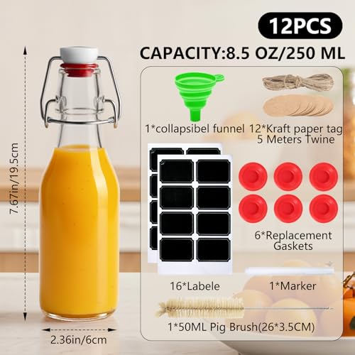 Ruckae 12 Pack 8.5oz Swing Top Glass Bottles with Lids Kombucha Coquito Flip Top Glass Bottle for Syrup Vanilla Extract Brew Beer Kefir Air Tight Bottles for Gift (8.5 oz 12 pack) - size: 8.5 oz 12 pack