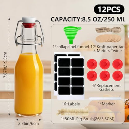 Ruckae 12 Pack 8.5oz Swing Top Glass Bottles with Lids Kombucha Coquito Flip Top Glass Bottle for Syrup Vanilla Extract Brew Beer Kefir Air Tight Bottles for Gift (8.5 oz 12 pack) - size: 8.5 oz 12 pack