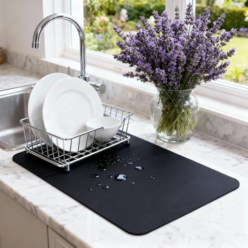 Dish Drying Mat Super Absorbent – 16" x 12" Coffee Mat for Countertops – Non-Slip Drying Mat for Kitchen Counter – Easy to Clean Water Absorbent Mat – Quick Dry Dish Drying Mats (Black) - color: Black, size: 16" x 12"