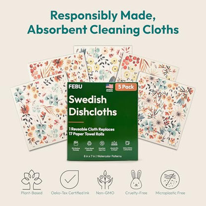 FEBU Swedish Dishcloths for Kitchen | 5 Pack Stamps Reusable Paper Towels Washable | Swedish Dish Towels | Non-Scratch Cellulose Sponge Cloths | No Odor, Biodegradable Cleaning Cloths - color: Stamps