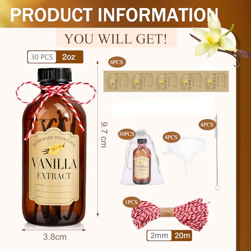 30Pcs 2 Oz Amber Glass Bottle Boston Round Bottles for Vanilla Extract Homemade,Brown Vanilla Extract Jars with Caps for Syrup Gift Glass Food Storage Canister and Sauce Beans - size: Small