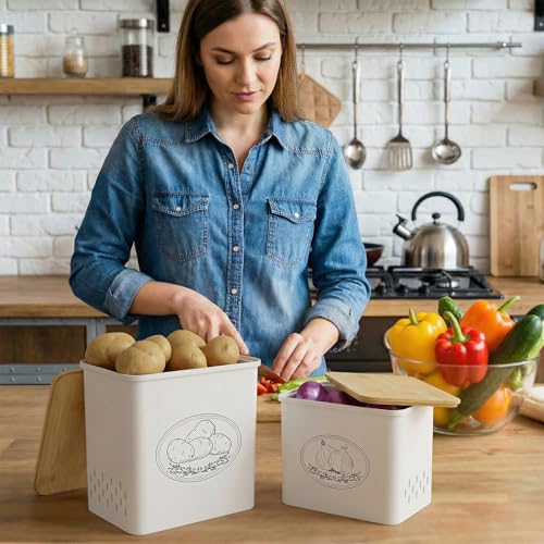 Lifewit Plastic Potato and Onion Storage Bin, Stackable Garlic Keeper with Aerating Holes and Lid, Vegetable Container Box for Pantry Countertop, White, 24 x 18 x 24 cm/9.5 x 7 x 9.5 inch, Set of 2 - color: White