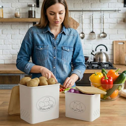 Lifewit Plastic Potato and Onion Storage Bin, Stackable Garlic Keeper with Aerating Holes and Lid, Vegetable Container Box for Pantry Countertop, White, 24 x 18 x 24 cm/9.5 x 7 x 9.5 inch, Set of 2 - color: White