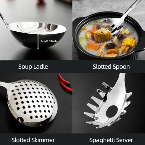 18/8 Stainless Steel Cooking Utensil set, 8 Pieces Metal Kitchen Utensils set, Slotted Spoon,Meat Fork,Ladle,Skimmer Spoon,Spatula,Spaghetti Server,Large Spoon,Masher (Dishwasher Safe, Silver) - size: 18/8 Stainless Steel Utensil Set of 8