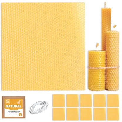 Natural Beeswax Sheets for Candle Making (10-Sheet Pack with Cotton Wicks) Natural Yellow Tone - DIY Beeswax Candle Rolling Kit for Kids & Adults - color: Natural-Gold