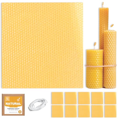 Natural Beeswax Sheets for Candle Making (10-Sheet Pack with Cotton Wicks) Natural Yellow Tone - DIY Beeswax Candle Rolling Kit for Kids & Adults - color: Natural-Gold