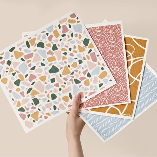 RECYCO Swedish Dishcloths for Kitchen | 4 Pack Oversized Washable Dish Rags | Large Cellulose Reusable Cleaning Paper Towels | Absorbent Counter Dish Cloth Sponge XL Kitchen Wipes, 12" L x 10" W - color: Urban Boho Terrazzo - Xl 4 Pack