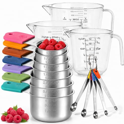 Stainless Steel Measuring Cups and Spoons Set, 7 Magnetic Measuring Cups, 5 Metal Measuring Teaspoons, 3 Plastic Measuring Cups for Kitchen Cooking & Baking, Dry & Liquid Ingredients