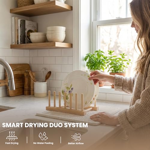 Large Stone Dish Drying Mat for Kitchen Counter, 23.5 x 15.4 in Diatomaceous Earth Mat, Quick Dry, Super Absorbent & Non-Slip, Includes Rack, Cleaning Brush, Cloth & Sandpaper – White