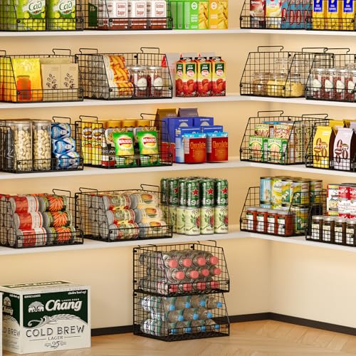 Jakyitvi 4 Pack XXL Stackable Wire Storage Basket, Extra Large Capacity Pantry Organizer and Storage, Muti-Purpose for Vegetable Fruit Basket & Can Organizer & Snack Rack & Metal Pantry Bin - size: 4 Pack