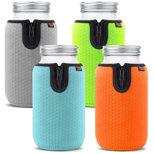 64 oz Wide Mouth Mason Jar Neoprene Sleeve, 64oz Non-slip Cozy Insulated Glass Jars Protector Holder Sleeves 4.3 x 7.5 Inches - 4 Pack (Orange/Green/Cyan/Grey) - color: 64 oz Sleeves (4.3 x 7.5 In) - ORG/Green/Cyan/Grey