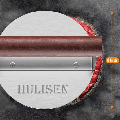 HULISEN Burger Smasher, Stainless Steel Smashed Burger Press, 6 Inch Hamburger Press for Griddle, Heavy-Duty Grill Press with Wood Handle, BBQ Accessories Tool, Weights 1.24 lb, Gift Wrapping - size: 6 Inch Round Press