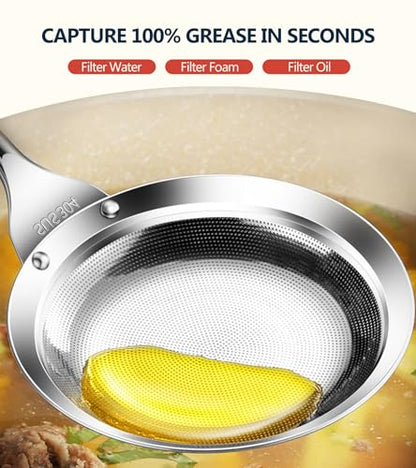 Ugotit Fine Mesh Strainer - Oil Strainer Spoon for Bacon Grease & Soup Skimming, Stainless Steel Fat Skimmer with Heat-Resistant Handle (4.3 Inch) - color: Round Handle 4.3inch