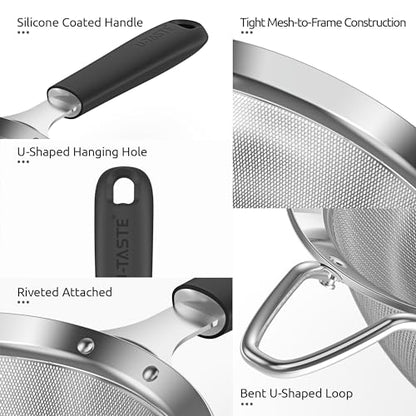 U-Taste Medium Fine Mesh Strainer: 18/8 Stainless Steel 4.73in 30 Mesh Kitchen Food Sieve with Sturdy Riveted Silicone Handle, Heavy Duty Deep Handheld Metal Colander for Rice, Quinoa, Flour (Black) - color: (2) Black, size: M-4.73in
