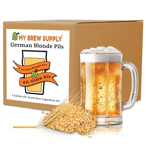 My Brew Supply German Blonde Pils Beer Brewing Kit | European 2-Row Pale Ale Malt | Munich Light Grain | Hallertau Pellet Hops | Nottingham Yeast | 5 Gallon Advanced All Grain Home Brewing