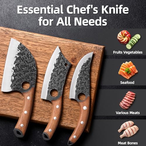 3PCS Butcher Knife Set, Hand Forged Serbian Chef Knives & Meat Cleaver & Viking Knives, Meat Cutting Kitchen Knife Set for Home, Outdoor Cooking, Camping BBQ - color: 3PCS Butcher Knife Set