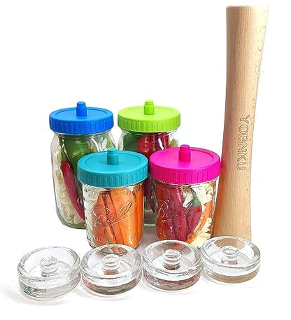 Complete Mason Jar Fermentation Kit with Pounder, 4 Glass Weight and 4 Fermenter lids Sauerkraut Caps Fermenting Food Tool for Wide Mouth Mason Jars-Jars Not Included (Have pounder) - size: With Pounder
