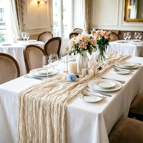 16 Pack Beige Cheesecloth Table Runner 35x120 Inch Boho Gauze Cheese Cloth Table Runners, 10 FT Long Rustic Sheer Table Runners for Wedding Bridal Baby Shower Birthday Party Table Decorations - style: Beige
