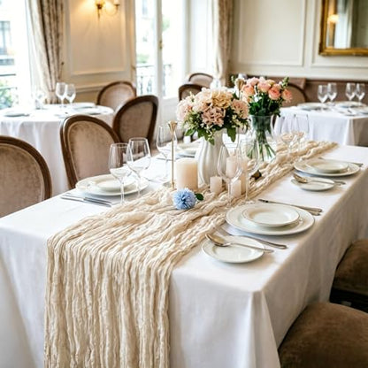 16 Pack Beige Cheesecloth Table Runner 35x120 Inch Boho Gauze Cheese Cloth Table Runners, 10 FT Long Rustic Sheer Table Runners for Wedding Bridal Baby Shower Birthday Party Table Decorations - style: Beige