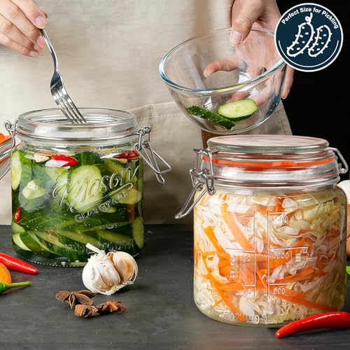[NEW] 2 Pack Half Gallon Mason Jar with Hinged Lid, Wide Mouth Glass Flour Container for Food Storage, Cookie, Coffee, Pickle - 64 Oz Glass Jar with Glass Lid - Vintage Mason Jars w 2 Scale Marks
