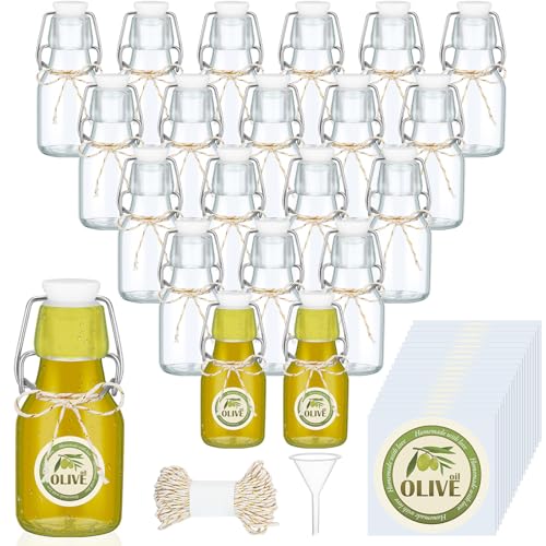 Queekay 20 Pack Mini Swing Top Glass Bottles for Vanilla Extract Homemade Olive Oil Bottles with Lids Airtight Cap Lids Labels for Wedding Baby Shower Favors(2 oz,Clear) - color: Clear, size: 2 oz