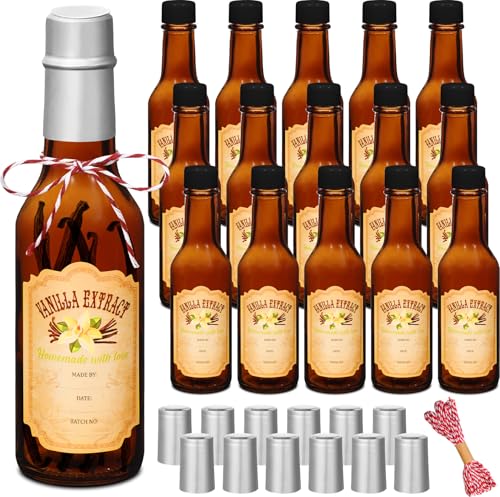 Tioncy 16 Pcs Empty Vanilla Extract Bottles for Homemade Vanilla Jar Glass Bottle with Cap, Shrink Band, Sticker DIY Crafts Wedding Gift Food Storage Canister for Bean(Brown, Silver,5 oz) - color: Brown, Silver, size: 5 oz