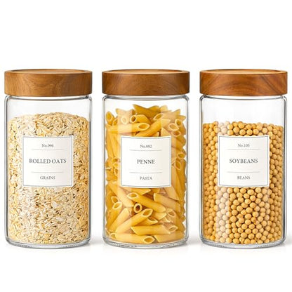 CONNOO 40oz Airtight Glass Storage Containers with Wood Lids (3-Pack) – Includes 120 Pre-Printed Waterproof White Kitchen Labels – Tall Pantry Canisters for Flour, Pasta & Cereal - size: cylindrical/40oz/3pcs