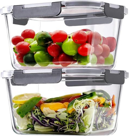 2 Pack Large Glass Storage Containers with Lids 85oz/10.5cup Big Airtight Glass Food Storage Containers for Rotisserie Chicken Watermelon Meal Prep, BPA Free, Freezer Dishwasher Oven Safe - color: gray