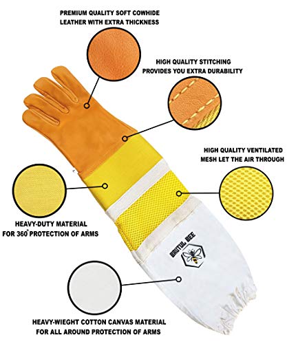 Brutul Bee Beekeeping Cowhide Leather Ventilated Gloves With Rubber & Mesh Cuff Long Protective Vented Sleeves - size: Small