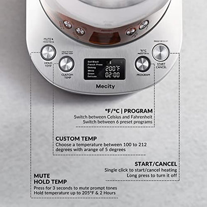 Mecity Electric Tea Kettle Borosilicate Glass Tea Maker With Temperature Control and Infuser - LCD Display and Preset Brewing Programs - 1.7 Liter Water Boiler - size: 1.8 Quarts