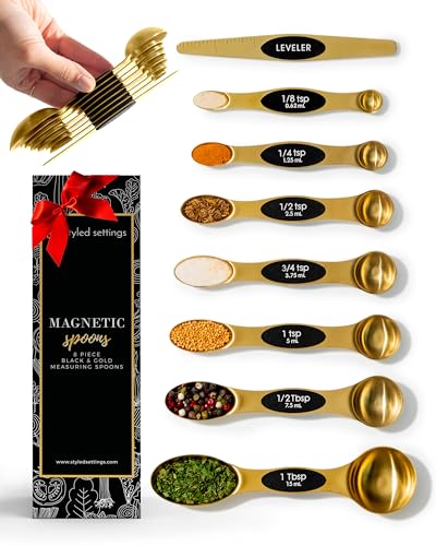 Magnetic Measuring Spoons Set – Stainless Steel Gold Measuring Spoons for Cooking and Baking – Cute and Durable Gold Kitchen Accessories - Great for Gifting - color: Black & Brass Gold