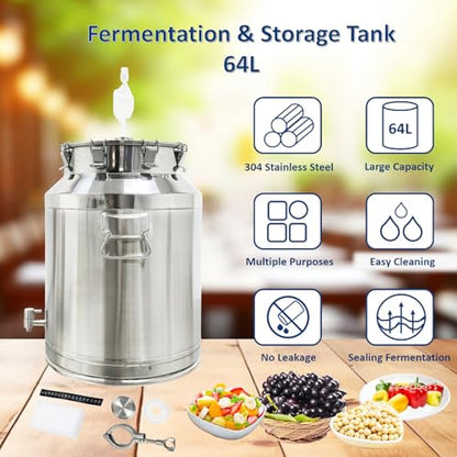 INTBUYING 16 Gal Wine Fermentation Tank 304 Stainless Steel Beer Brewing Fermentation Tanks with Exhaust Pipe Sealing Lock Fastener for Beer Wine Yogurt Milk Juice - size: 16gal