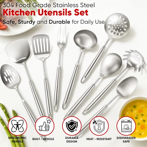 Newness 9 Pcs Cooking Utensils Set, 304 Stainless Steel Kitchen Utensils Set, Metal Kitchen Accessories, Include Soup Ladle, Slotted Skimmer Spoon, Spaghetti Spoon and Spatula, Dishwasher Safe (Short) - size: Small 9 PCS Cooking Utensils Set