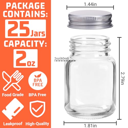 25 Pack 2 oz Mason Jars with Silver Lids, Small Glass Jars for Ginger Shots | Perfect Mini Jars for Spices, Honey, Jam, Jelly, Candy, Sauce, Salad Dressing, Candle, Wedding Favors and DIY Crafts - color: Clear-2oz-25