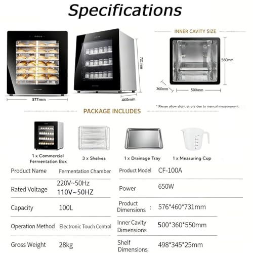 QIANG 100L Household Dough Proofer Bread Fermentation Machine | Humidity Temperature Control | Even Fermentation | Stainless Steel | for Sourdough Pizza Pastry Yogurt Natto