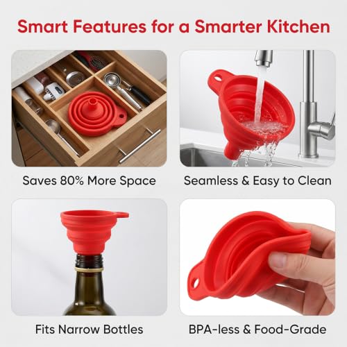 Kitchen Funnel 3 Pack - Food Grade Silicone Collapsible Funnel, Funnels for Kitchen Use Filling Bottles, Daily Cooking, and Water or Powder Transfer. Red - color: 3PCS-Red