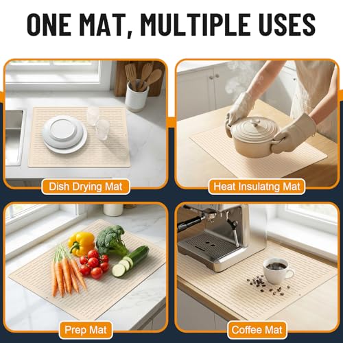 Dish Drying Mat Beige, 11.8x15.8 Inches Silicone Dish Mat Drying Kitchen Mat, Kitchen Drying Mat for Small Spaces, Non-Slip Fast Drain Drying Pad, Protects Surfaces Under Dishes and Glassware - size: 11.8" x 11.8"