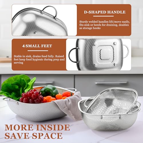 E-far 4QT Square Stainless Steel Colander - Metal Strainer with Handle for Draining Pasta & Vegetables, Micro-Perforated & Elevated Feet, Dishwasher Safe - size: 4QT
