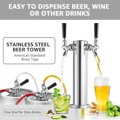 Dual Tap Kegerator Tower Beer Tap Tower 3" Draft Beer Tower Dispenser Keg Tower Beer Faucet Self-Closing Beer Tap Stainless Steel Kegerator Tap Tower Kit with Pre-Assembled Kegerator Line - size: Dual Tap Beer Tap Tower